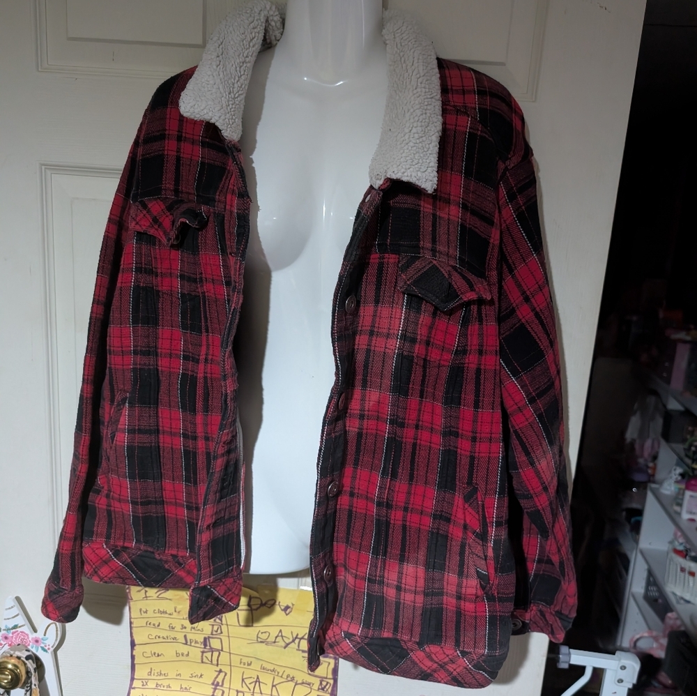 Torrid Red and Black Plaid Jacket with Sherpa Collar